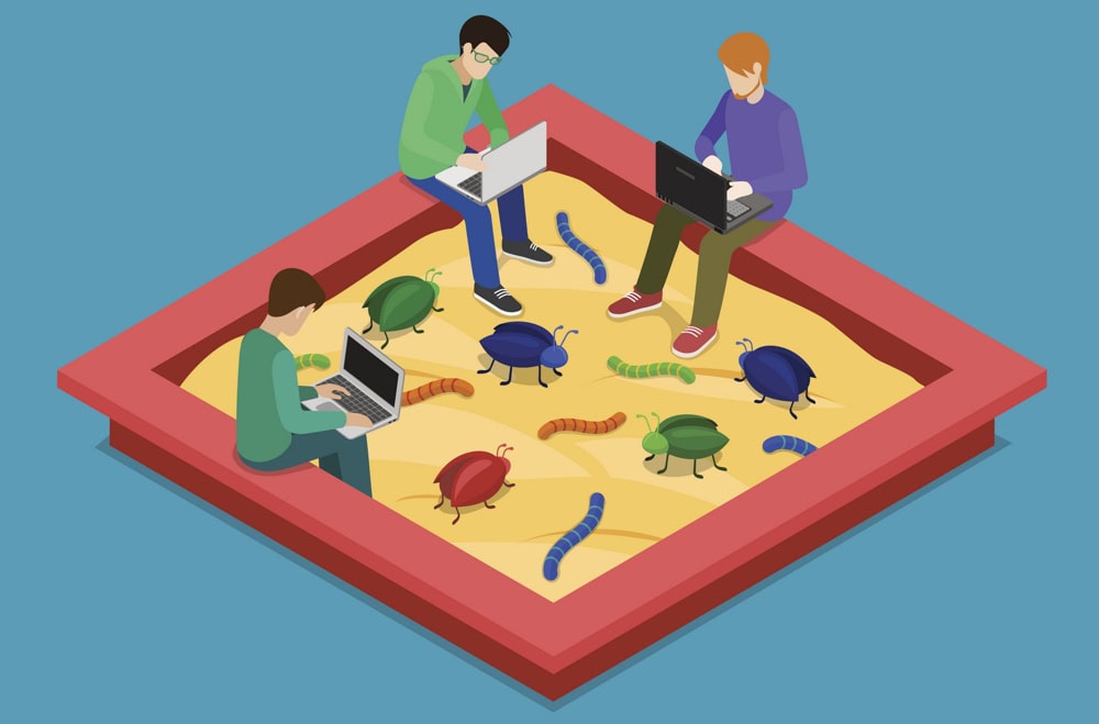 istock 688002750 3 people sitting in sandbox with laptop newsletter pic Application Development Sandbox Debug Flat 3d Isometric Isometry Code Programming Technology Concept Web Vector Illustration. Programmer Debugger Debugging In Sand Box Among Bug Worm. Creative People.