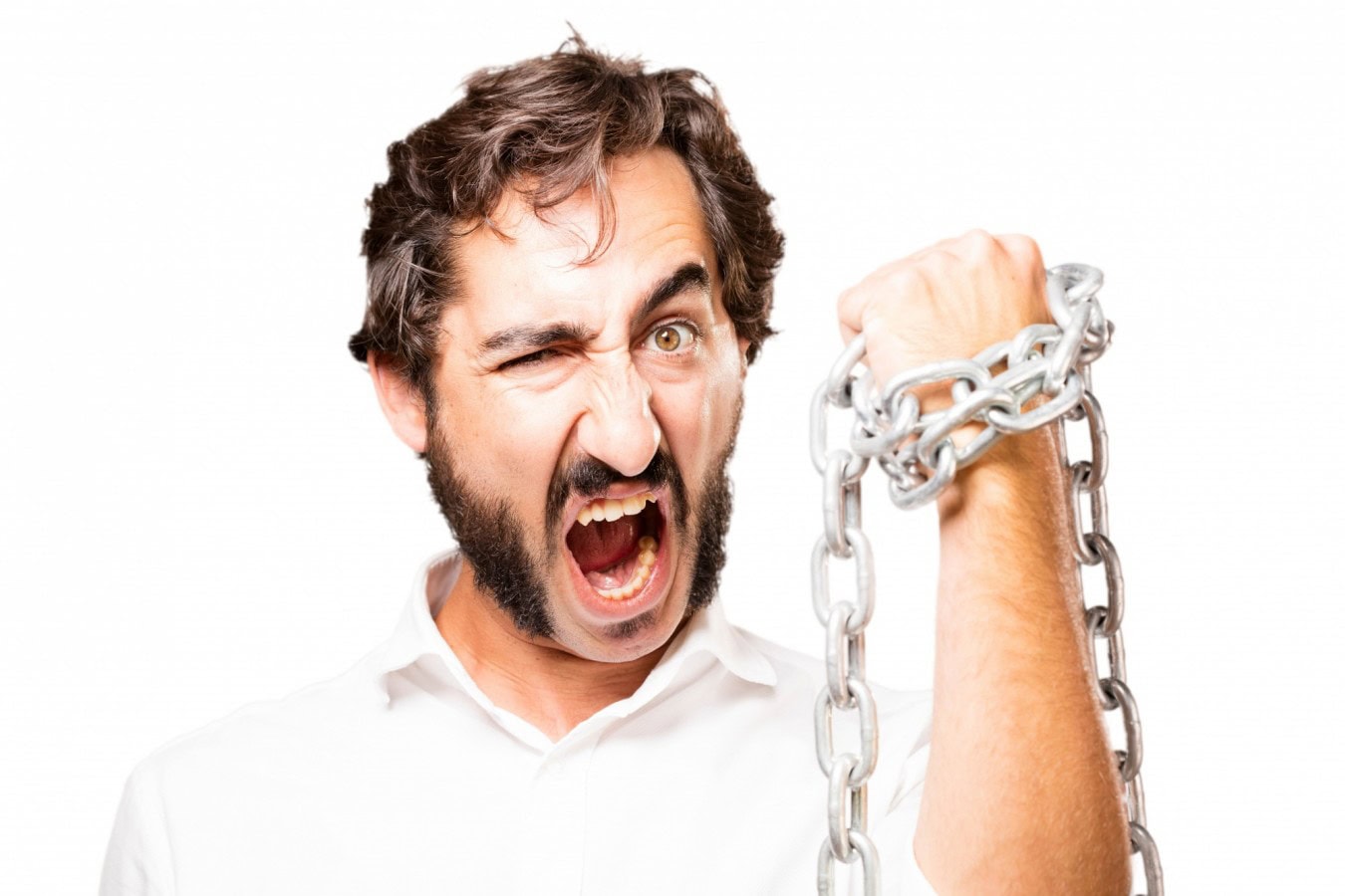 man with chain around his fist screaming