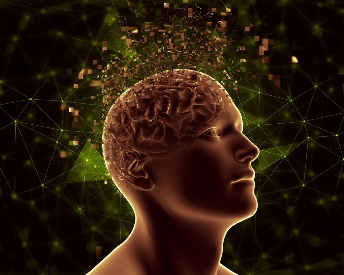 3d male figure with pixelated brain depicting mental health problems